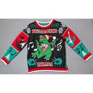 Boys 33 Degrees Rexmas Dinosaur Ugly Christmas Sweater Size 6 T-Rex Guitar